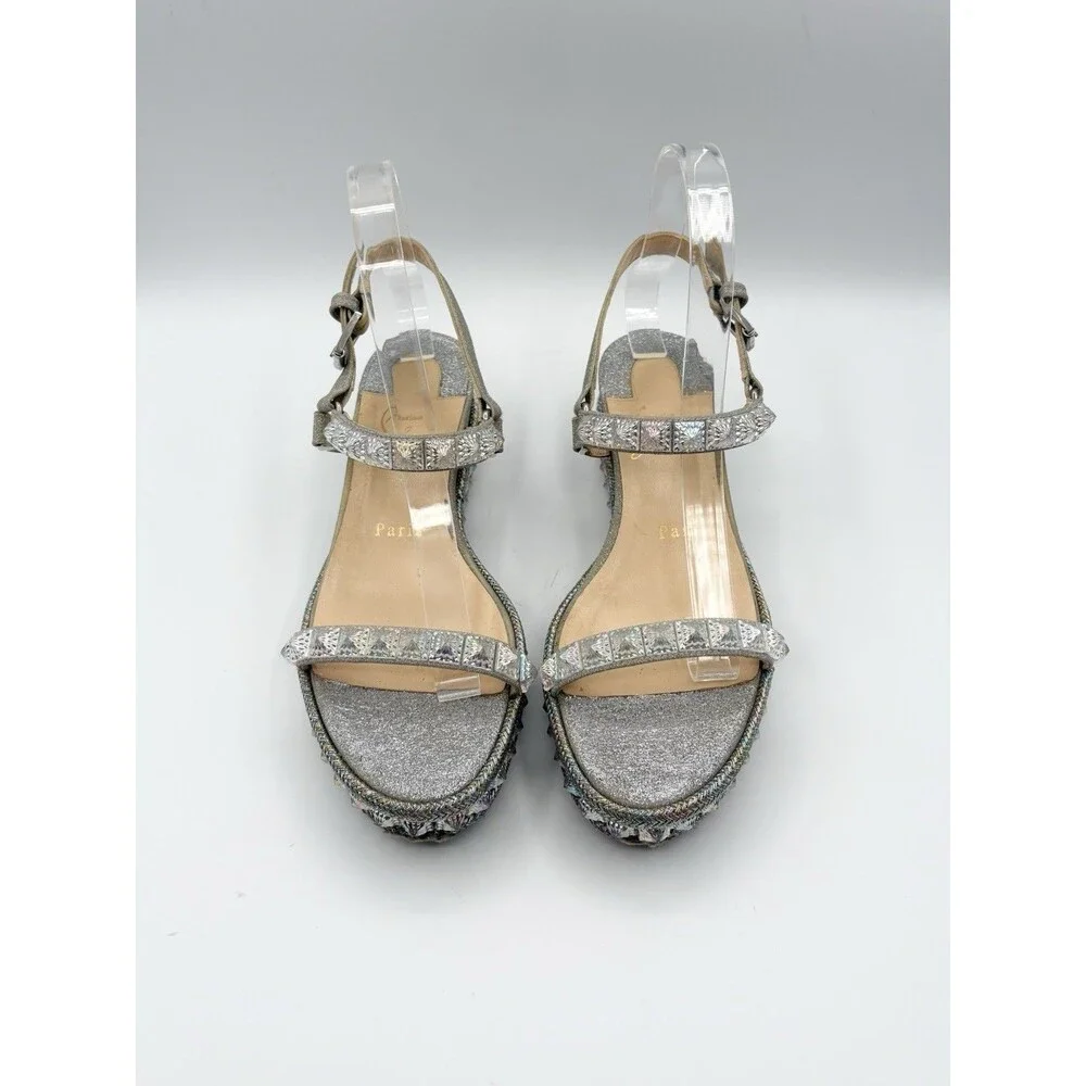 Christian Louboutin Cataclou 60 Silver Glitter Platform Sandals Wedges Sz EU 37